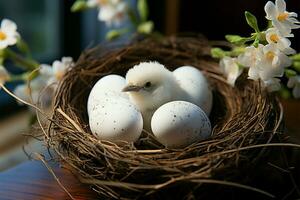 Magpie robins nest secures two delicate eggs on the branch AI Generated photo