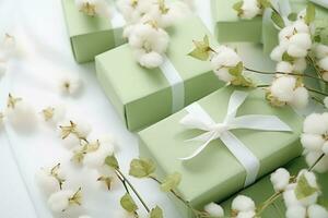 Green gifts boxes on white background with flowers cotton branches. Generative AI photo