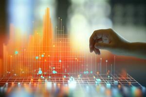 Hand with a pointer in a chart with data analysis on a bokeh background. Generative AI photo