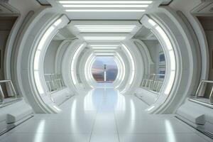 A hallway in a futuristic spaceship. Corridor inside space station. Generative AI photo