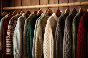 Row of ornate warm knitted sweaters hang on hangers. Generative AI photo