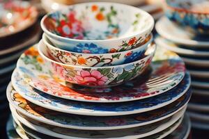 A stack of vintage folk floral patterned porcelain plates. Generative AI photo