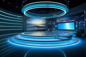 News studio. Television studio with camera and lights. Generative AI photo