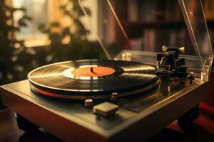 Vintage record player with vinyl disc on table in room. Generative AI photo