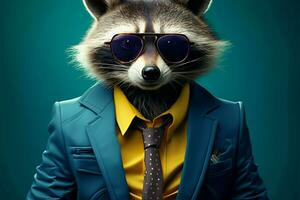 Blue suited raccoon character wears big glasses, oozing vintage hipster flair AI Generated photo