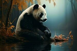 niebla besado bosque, panda se sienta cerca estanque un tranquilo ilustrado ajuste ai generado foto