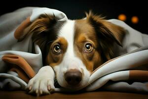 perro salones en cama, cubierto con marrón y blanco cobija ai generado foto