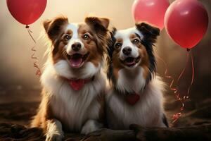 A heart shaped balloon brings together two joyful Border Collie friends AI Generated photo