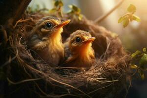 bebé aves en el nido en naturaleza antecedentes. ai generado. Pro imagen foto