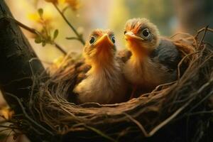 bebé aves en el nido en naturaleza antecedentes. ai generado. Pro imagen foto