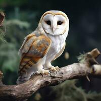 Beautiful owl sitting on a tree branch in the autumn forest. ai generated pro photo