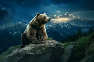 A bear is sitting on the top of a mountain. ai generated pro photo