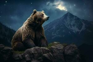 A bear is sitting on the top of a mountain. ai generated pro photo