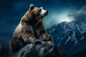 A bear is sitting on the top of a mountain. ai generated pro photo