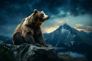 A bear is sitting on the top of a mountain. ai generated pro photo