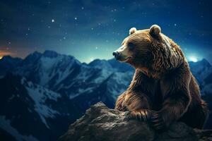 A bear is sitting on the top of a mountain. ai generated pro photo