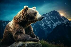 A bear is sitting on the top of a mountain. ai generated pro photo