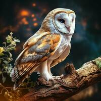 Beautiful owl sitting on a tree branch in the autumn forest. ai generated pro photo