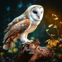 Beautiful owl sitting on a tree branch in the autumn forest. ai generated pro photo