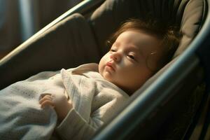 Cute little baby sleeping in a baby car seat at home. AI generated pro photo