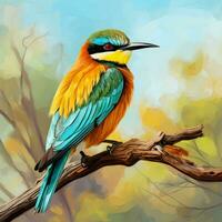 Colorful bird sitting on a branch. Bird on nature background. AI generated pro photo