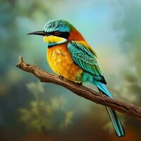 Colorful bird sitting on a branch. Bird on nature background. AI generated pro photo