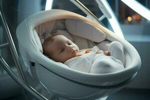 Cute little baby sleeping in a baby car seat at home. AI generated pro photo