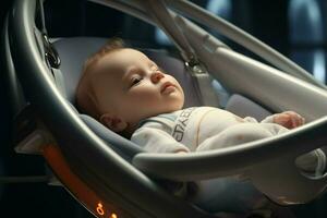 Cute little baby sleeping in a baby car seat at home. AI generated pro photo