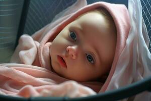 linda pequeño bebé chico sentado en hospital cama, de cerca. ai generado Pro foto