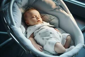 Cute little baby sleeping in a baby car seat at home. AI generated pro photo