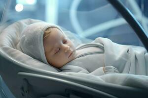 Cute little baby sleeping in a baby car seat at home. AI generated pro photo