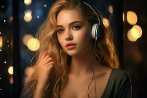 hermosa joven mujer con auriculares escuchando a música. retrato de un hermosa rubia niña en auriculares. ai generado Pro foto