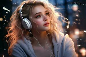 Beautiful young woman with headphones listening to music. Portrait of a beautiful blonde girl in headphones. AI generated pro photo