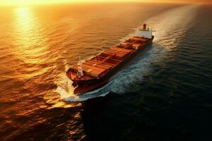 aéreo ver de carga Embarcacion con envase en mar a puesta de sol. ai generado Pro foto