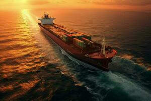 Aerial view of cargo ship with container in sea at sunset. ai generated pro photo