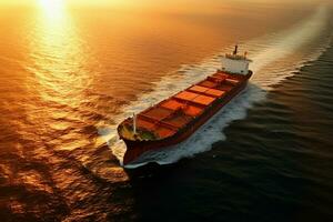 Aerial view of cargo ship with container in sea at sunset. ai generated pro photo