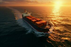 Aerial view of cargo ship with container in sea at sunset. ai generated pro photo