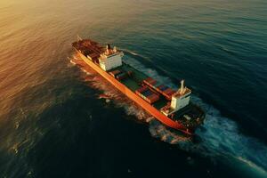 Aerial view of cargo ship with container in sea at sunset. ai generated pro photo