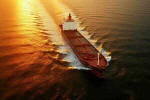 Aerial view of cargo ship with container in sea at sunset. ai generated pro photo