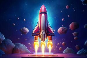 Rocket flying in the blue sky. Vector illustration. Space concept. ai generated pro photo