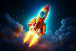 Rocket flying in the blue sky. Vector illustration. Space concept. ai generated pro photo