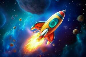 Rocket flying in the blue sky. Vector illustration. Space concept. ai generated pro photo