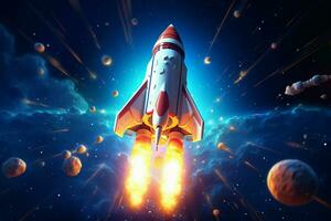 Rocket flying in the blue sky. Vector illustration. Space concept. ai generated pro photo