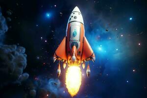 Rocket flying in the blue sky. Vector illustration. Space concept. ai generated pro photo