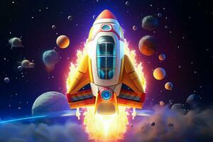 Rocket flying in the blue sky. Vector illustration. Space concept. ai generated pro photo