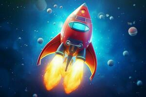 Rocket flying in the blue sky. Vector illustration. Space concept. ai generated pro photo