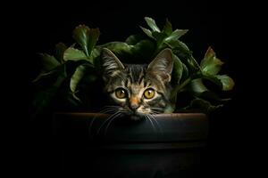 Portrait of a cute cat in a pot on a black background. ai generated pro photo