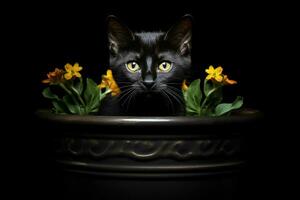 retrato de un linda gato en un maceta en un negro antecedentes. ai generado Pro foto