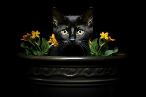 Portrait of a cute cat in a pot on a black background. ai generated pro photo