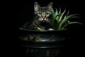 Portrait of a cute cat in a pot on a black background. ai generated pro photo